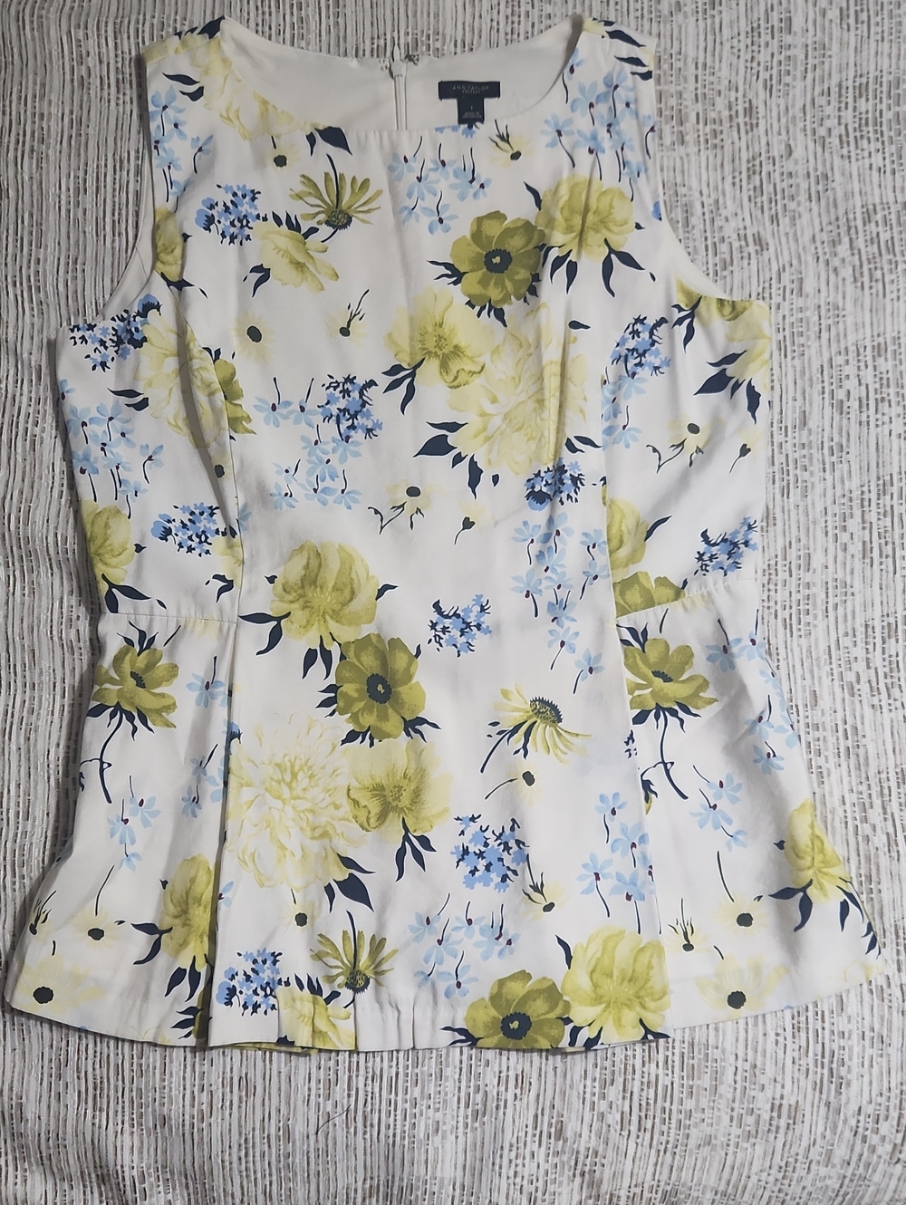 Ann Taylor White Floral Sleeveless Peplum Top with Yellow & Blue Flowers